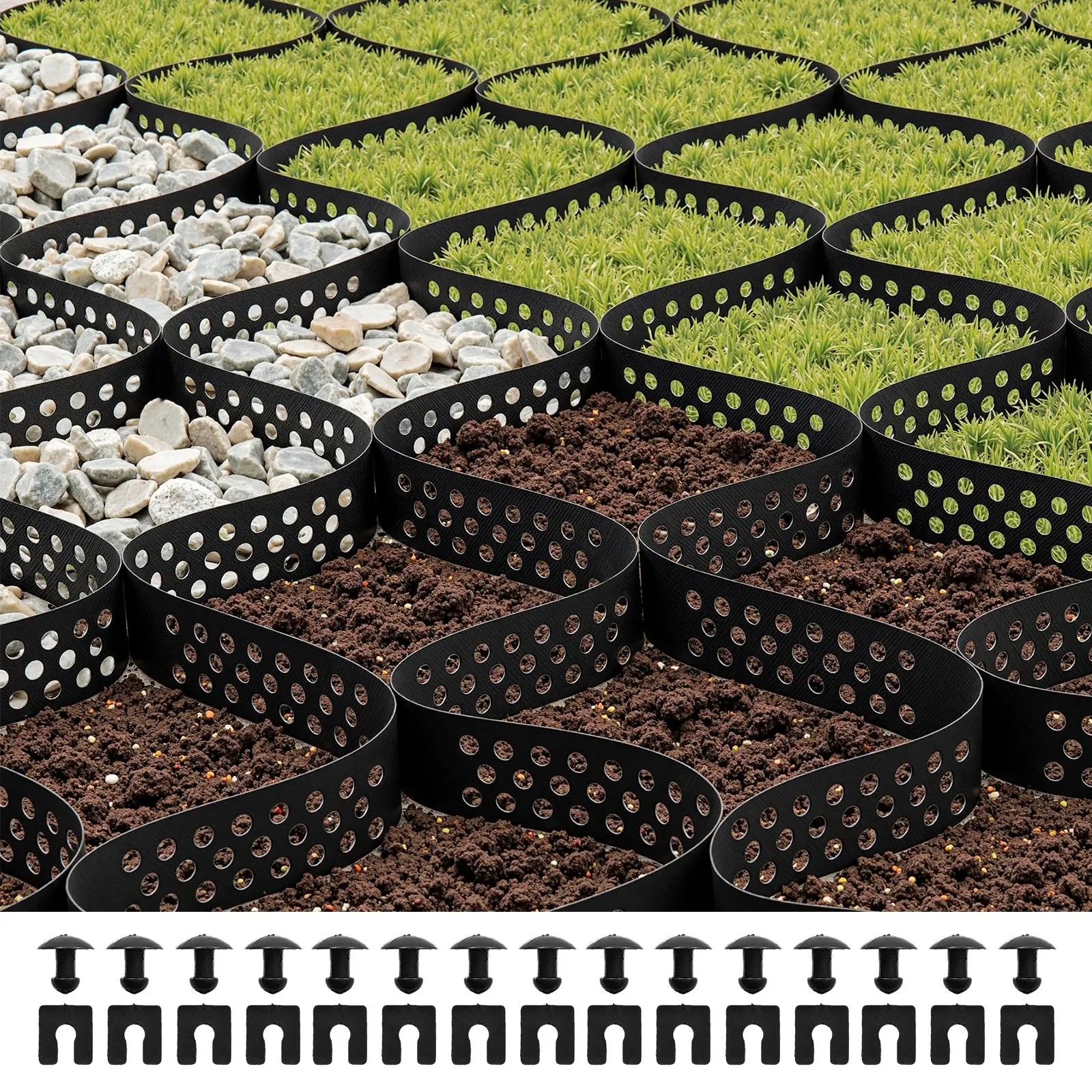 Heavy-Duty Plastic Geocell Ground Grid with Drain Holes - 2-Inch Depth, 17.06x8.86 FT (5200x2700 mm), 0.05 in Thickness, 13.23 Lbs/6 Kg Weight, 1885 Lbs/FT² Load Capacity for Gravel Stabilization, Gravel Paths, Soil Erosion Control