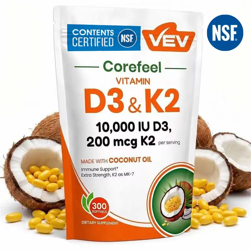 VEV Corefeel Vitamin D3 K2 10000 IU, 300 Virgin Coconut Oil Softgels, 2 in 1 Vitamins Supplement D & K, Dietary Supplemental Pack, Mothersdaygift, Summervibes, NSF Certified, Backtoschool