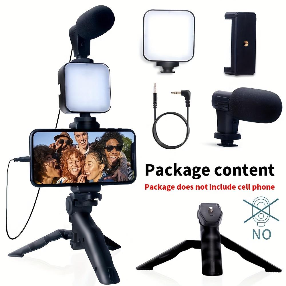 Portable foldable live streaming stand, portable tripod selfie stick with LED lights and microphone, Black phone holder, Selfie accessory