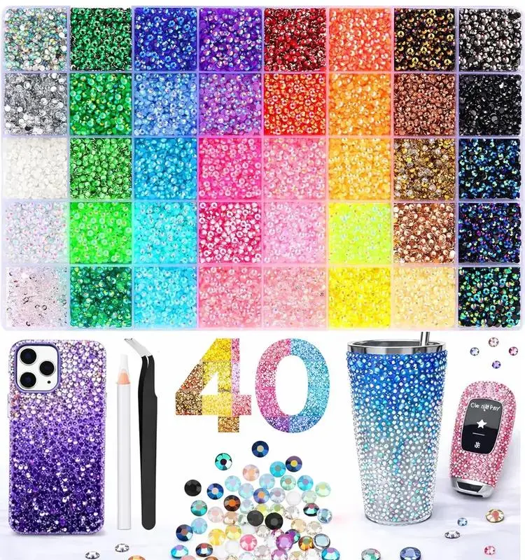 40-Color Jelly Rhinestones Bedazzling Kit - 40000Pcs 3mm Flatback Resin Gems, Synthetic Beads, Nail Art Supplies for Festive Home Decor (Home & Party Supplies Pack)