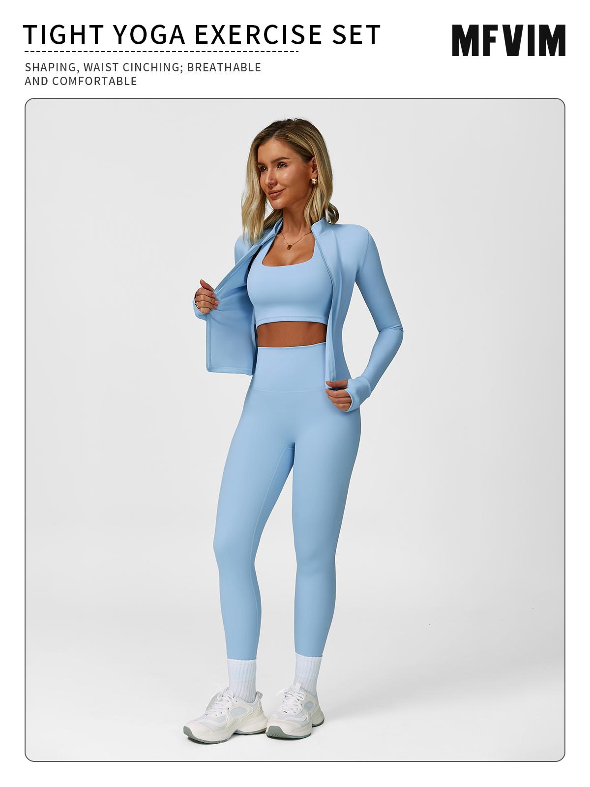 MFVIM Women's Fitness  3-Piece High-Waisted Leggings Top Jacket Gym Yoga Elastic Sports Bra  activewear halter top Set Workout Running Clothes Spring Sportswear Summer Sportswear Sporty Style Outfits SpringStatements