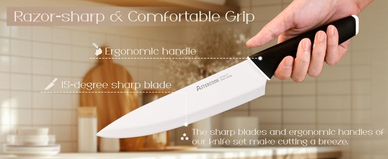 Astercook 14-Piece Kitchen Knife Set with Knife Block & Sharpener, Ceramic Coated Stainless Steel, Dishwasher Safe, Modern Home Cooking Cutting Carve