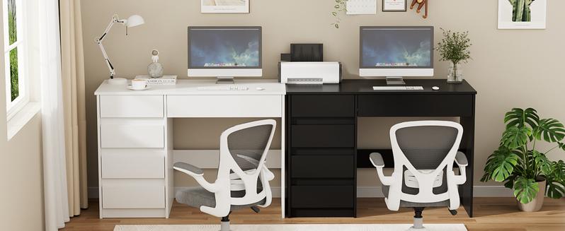 VOWNER 43 Inch Computer Desk with 5 File Drawers Cabinet  Home Office Desk with Storage Shelves Work from Home Modern Work Writing Study Table for Bedroom White Black