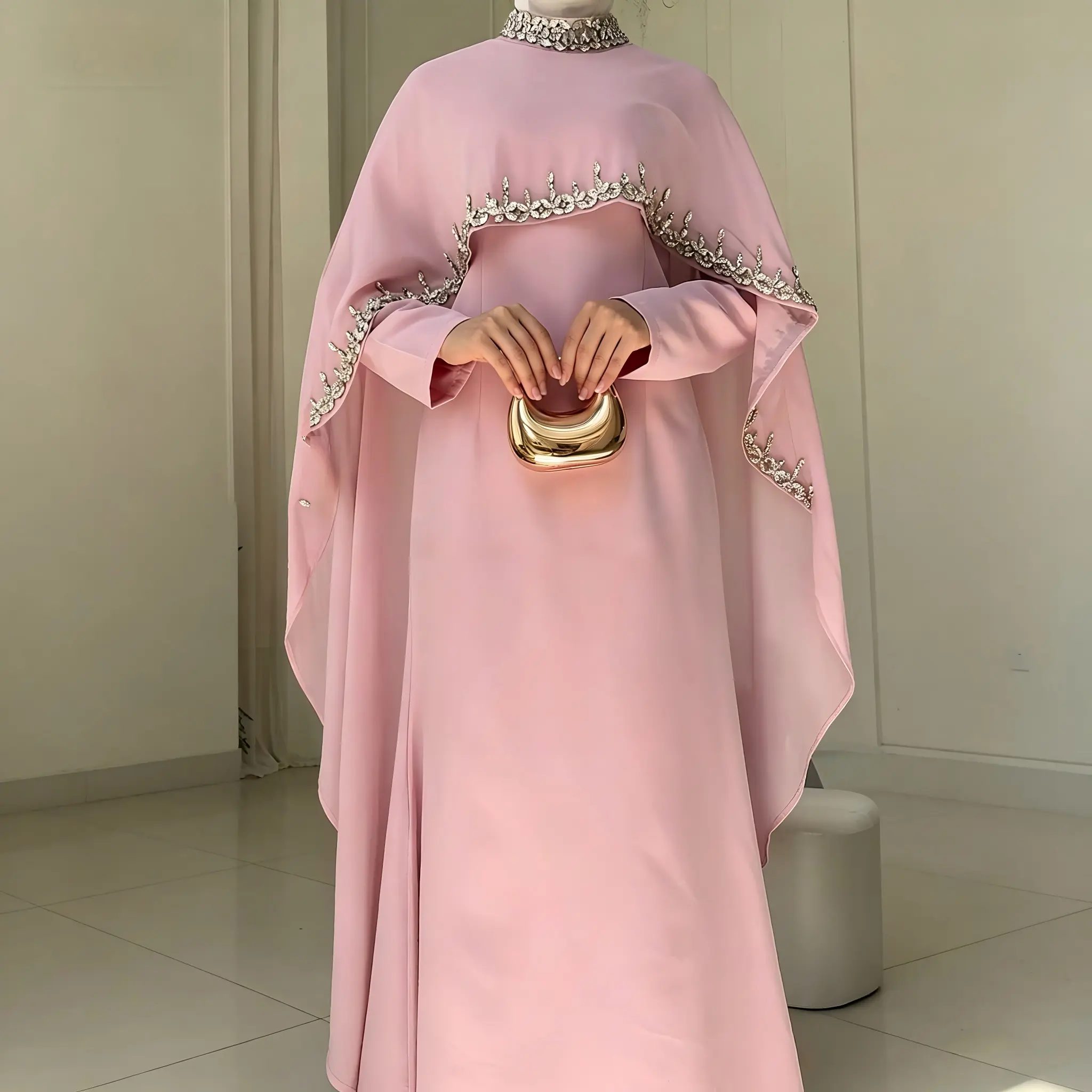 Women's 2-Piece Celestial Rhinestone Islamic Modest Abaya Set - Chiffon Abaya Outer Robe, Matching Cape, Luxury Evening Wedding Outfit (MA251) | Modest Fashion Inspo, Elegant, Full-Length, Women's Clothing Sets, Hijabi Fashion, Modest Muslim Outfits, Long