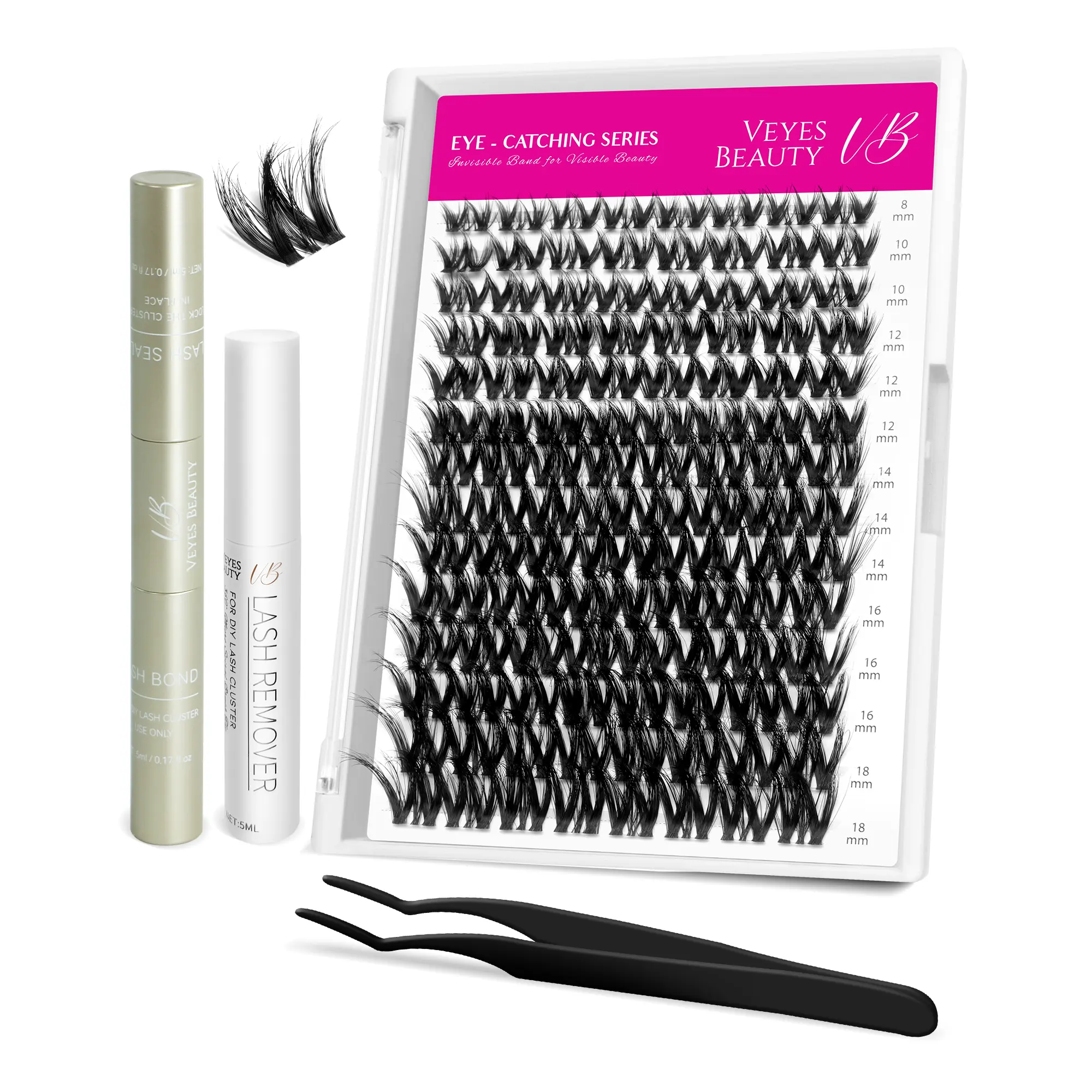 VEYESBEAUTY VB-Furrish Cluster False Eyelashes & Adhesives Kit, Wispy Faux Mink DIY Eyelash Extensions with Ultra-Thin Invisible Band, Mixed Lengths for Self Makeup Application, Eyelashes Extensions, Diy Eyelash Kit
