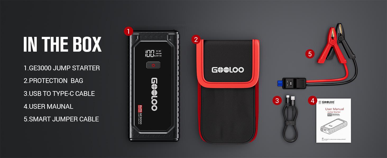 GOOLOO GE3000 Car Jump Starter 3000A Portable Jump Box (up to 8.5L Gas/ 6L Diesel), 12V SuperSafe Lithium Battery Booster Jump Starter with Smart Charging Port and LED Light