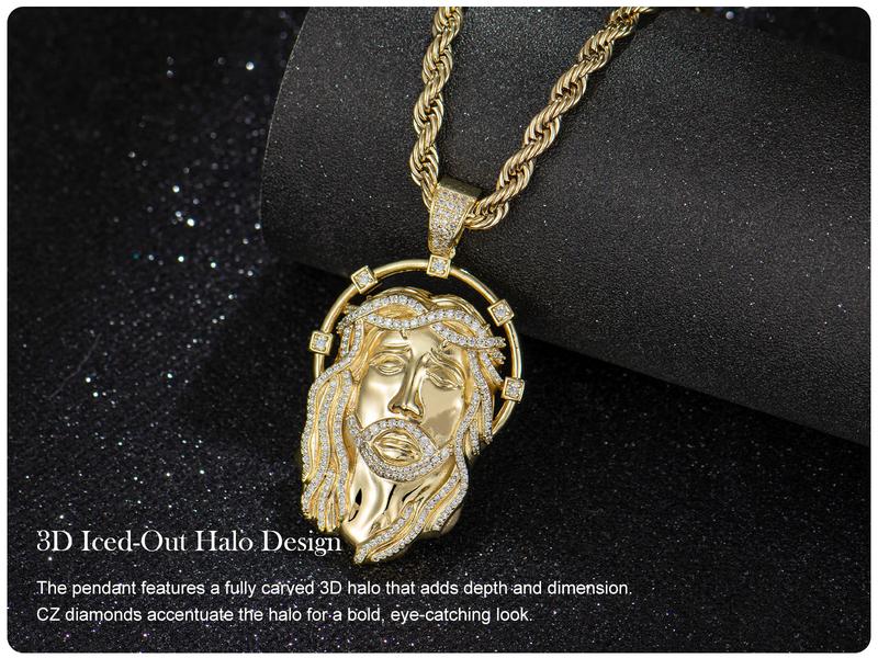 Holylegend 14k Real Gold-Plated Mens Jesus Pendant Necklace, Iced Out Jesus Head with Halo, CZ Diamond Hair & Fully Paved Bail, Hip Hop Religious Jewelry, Gift for Fashion Lovers