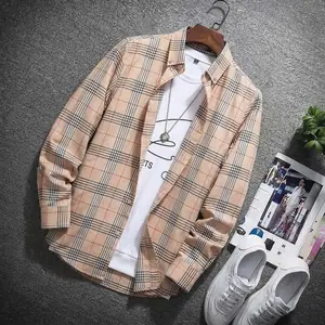 Men's collared long-sleeve shirt, with a button-down design and color-block stripes, suitable for spring and autumn fashion, casual men's jacket, personalized plaid jacket, stylish khaki plaid design