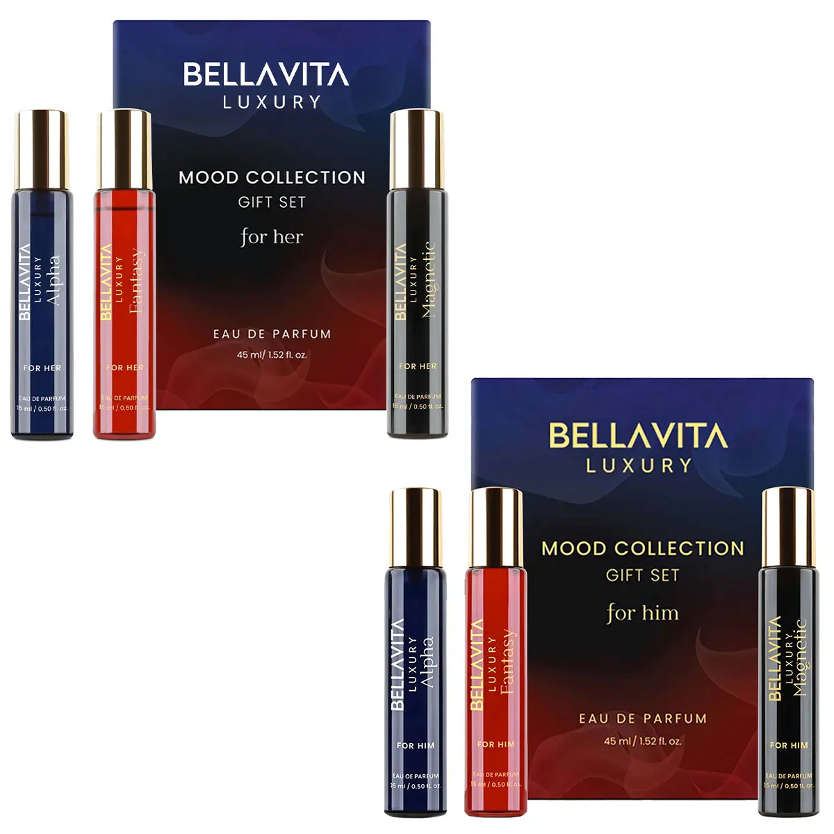 His & Hers Seduction by bellavita Luxury | Perfume Combo Gift Set | Men’s BMT 4×20 ml & Women’s BMT 4×20 ml | Alpha, Magnetic, Fantasy Him & Fantasy Her | Long Lasting Eau De Parfum | Vegan & Cruelty Free