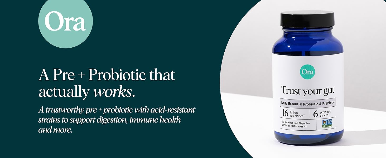 Ora Organic Probiotics with Prebiotics - 52 Billion CFU 11 Clinically Studied Strains for Digestive Health, Trust Your Gut, Gluten Free, 60 Capsules