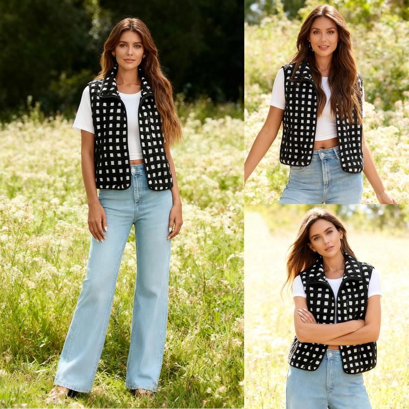 Mundoven Womens Checkered Sherpa Vest Fleece Fuzzy Zip Up Sleeveless Jacket Casual 2025 Winter Warm Outwear