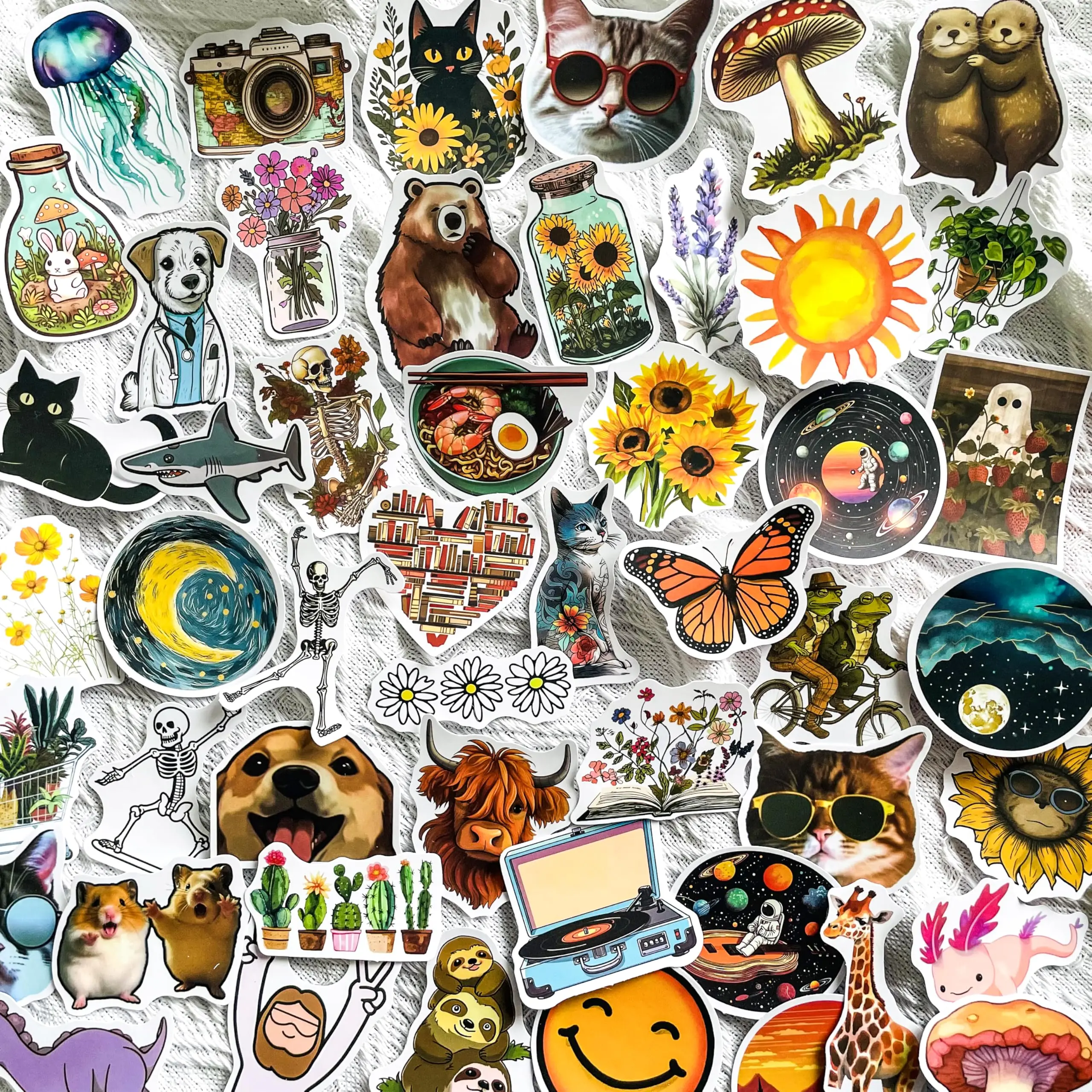 50pcs Waterproof Vinyl Nature Decals - Cute, Artistic Animal, Flower, Mushroom, Galaxy, Retro Aesthetic Stickers for Scrapbook Supplies, Laptops, Water Bottles Personalization