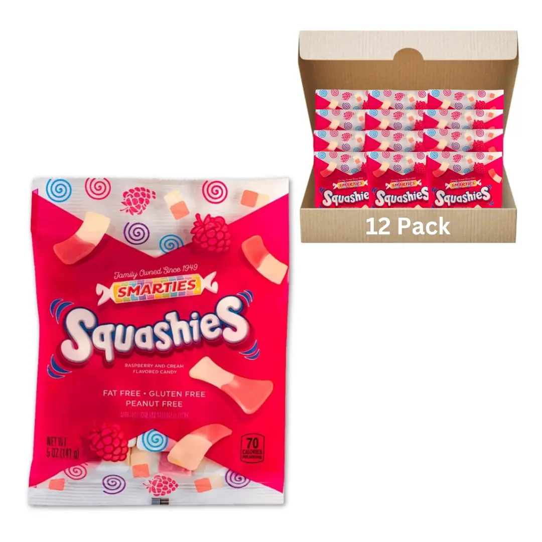 Smarties Squashies 12 pack Foam Marshmallows Gummies Candy Gluten Free Gummy Candy Bulk Peanut Free Perfect for Birthday & Valentines Party Favors & Raspberries Flavored 5 oz Candy Bags