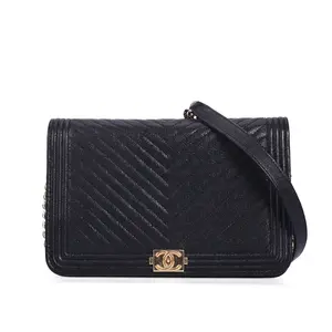Pre-owned CHANEL Calfskin Wallet on Chain Boy Black 27666808