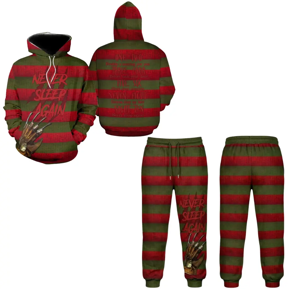 Freddy Krueger Halloween Hoodie and Sweatpants Set, Never Sleep Again Red Green Striped Claw Graphic 3D Tracksuit 2 Piece Outfit, Cool Birthday Gift for Horror Fans