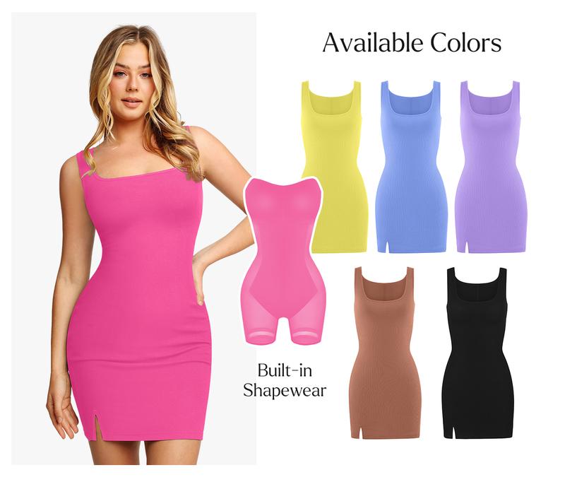 Popilush 8-in-1 Shapewear Square Neck Mini Dress Wide Straps Built-In Bra Thigh Slit Tummy Control Going Out Breathable Body Shaper Womenswear