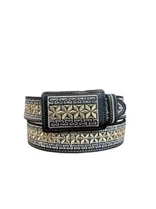 Cinto Negro Vaquero Bordado Plata Cinto Charro Men’s Black Western Embroidered Leather Belt