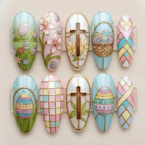 Stained Glass Cross Press On Nails Pastel Easter Nail Art Christian Religious Gold Chrome Mosaic Spring Floral Almond Glue On Nails