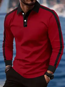 Men's fashionable red and black contrasting long-sleeved Polo shirt, simple design to create a casual image of a man, adult casual wear in four seasons, high-quality fabric texture, suitable for gift-giving tourism