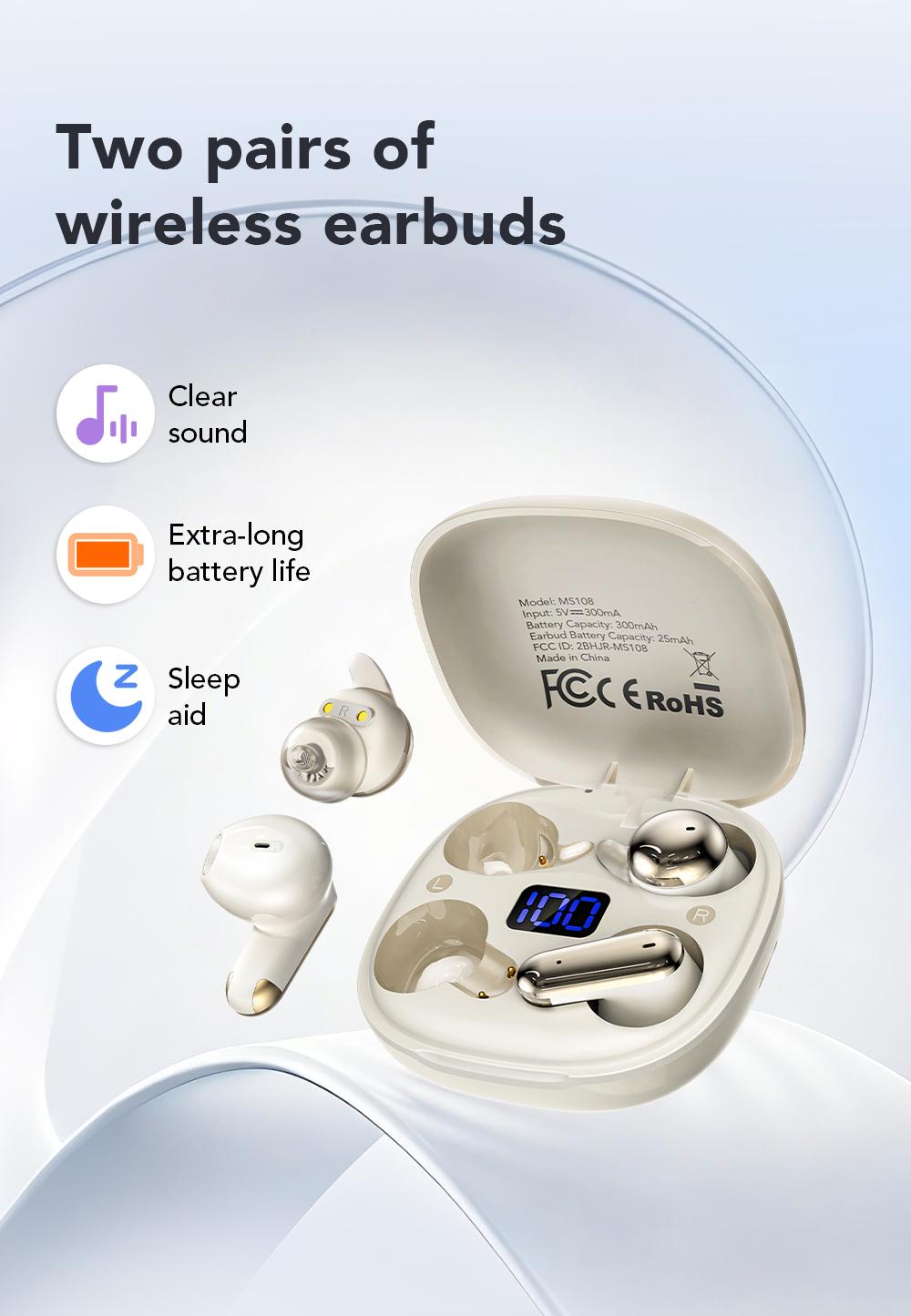 MINISO MS108 Wireless Bluetooth Earphones Mini Invisible Waterproof Earbuds for Sleep & Sports Two Pairs Included Mini Short Stem Design Ideal for Work Sports and Sleeping