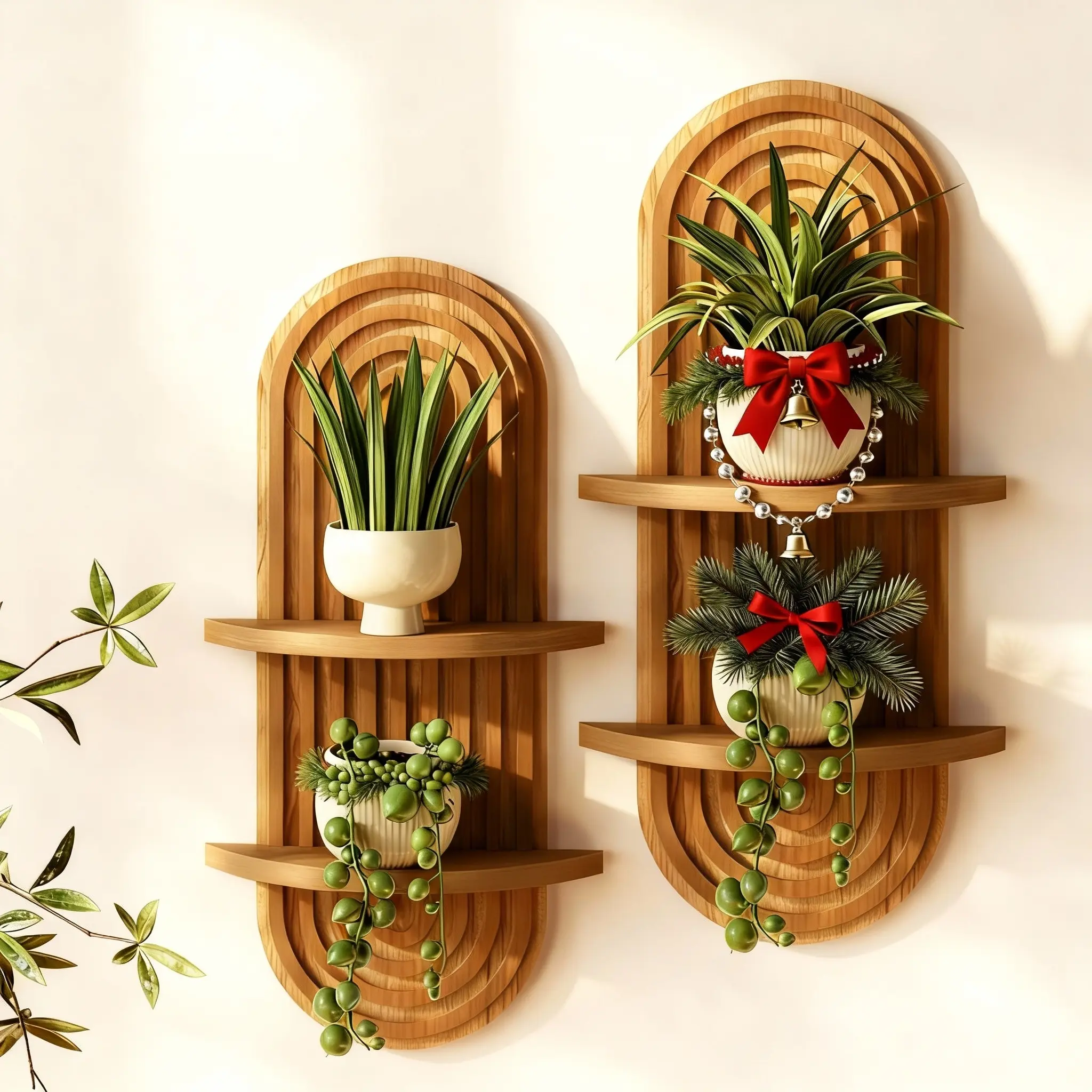 Bamworld 2-Pack 16.9in Tall Unpainted Bamboo Hanging Floating Shelves - Retro Boho Arch, Mid Century Decorative 2-Tier Wall Organizer, Wall Mount Compatible, Easy Installation, 15 lbs Capacity, Living Room Plant Display Gift