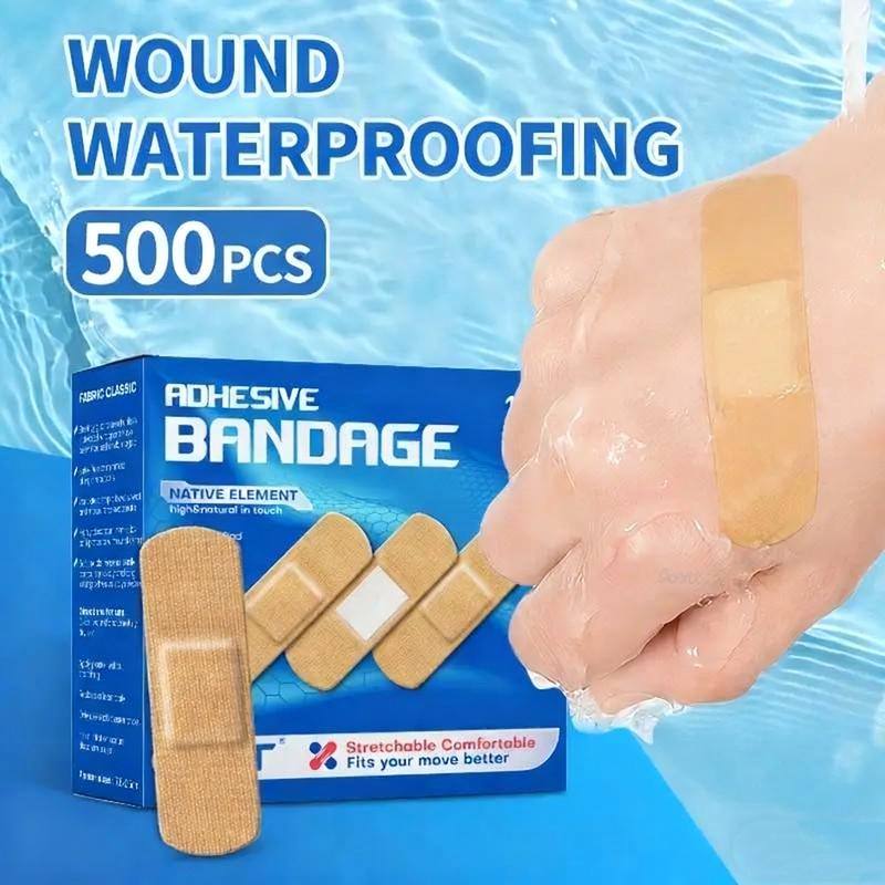 100/500pcs Flexible Fabric Adhesive Bandage, High Viscosity, Waterproof And Breathable, Beige, One Size Fits All, Individually Packaging, First Aid And Wound Care Products
