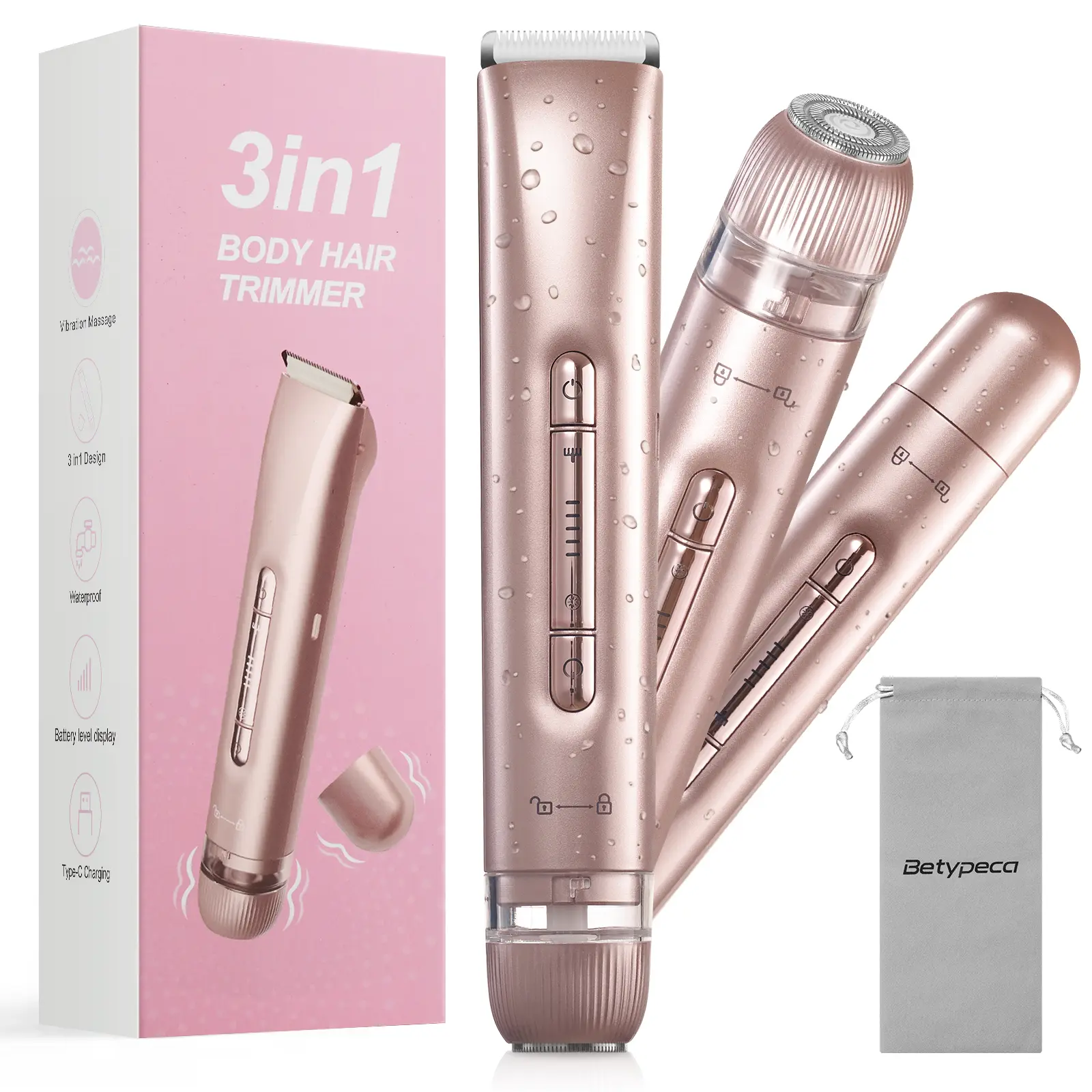 3-in-1 Mini Cordless Charging Trimmer Kit for Women, IPX7 Waterproof Bikini Shaver with Vibration Massage for Wet & Dry Use, Includes USB Cable - Womens Gifts, Hair Removal, Automatic Battery-Powered Hair Trimmers & Clippers, Body Manscaping Trimmer