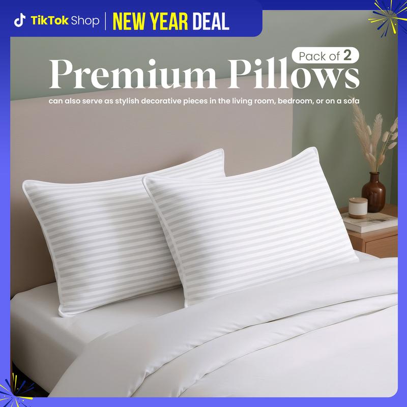 【New Year Deal】Utopia Bedding Premium Striped Bed Pillows for Back Stomach & Side Sleepers - Polycotton Soft Breathable Covers, No-Shift Construction, White, Pack of 2 - Polyester - Supportive Memory Foam