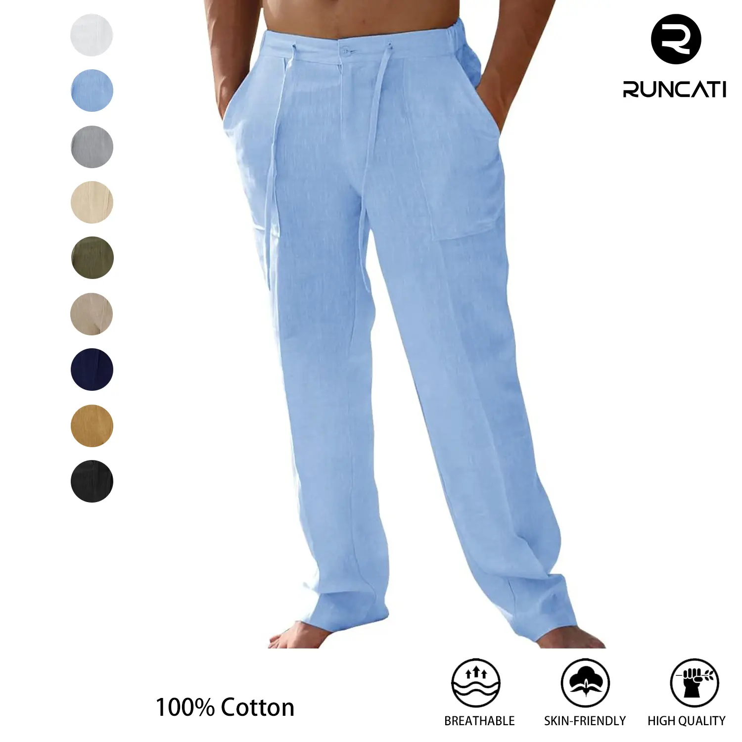 Runcati Mens Casual 100% cotton Pants Loose Fit Elastic Drawstring Waist Straight-Legs Summer Yoga Beach Long Pants