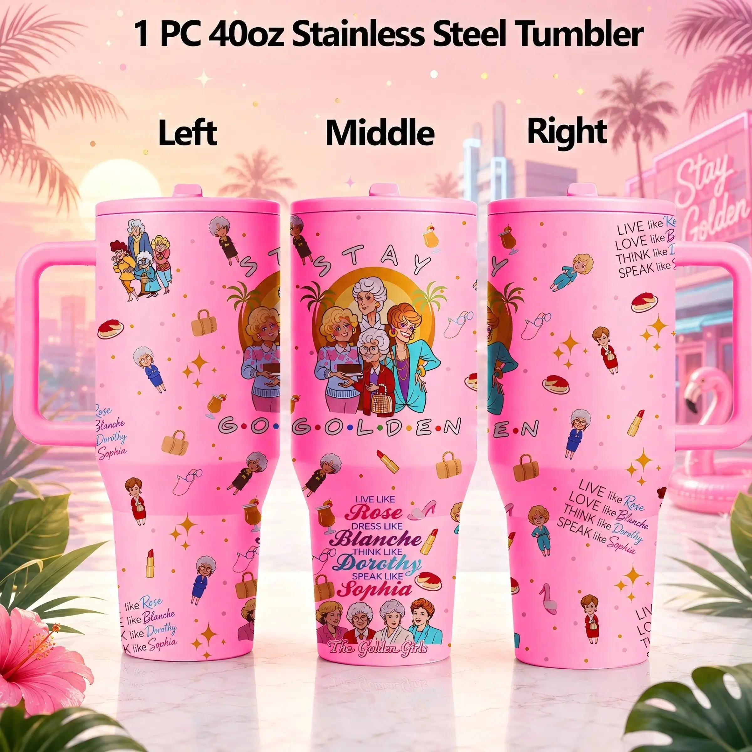 Women's 40oz Golden Girls Stainless Steel Tumbler - Double Wall Vacuum Insulated, Tumbler Shape, Pink Retro TV Show Inspired Travel Mug with Handle & Lid, 12H Hot/24H Cold Retention, Kitchenware Gift for Fans