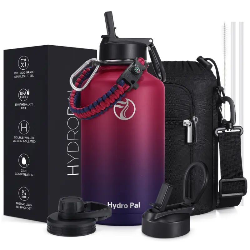 HydroPal Half Gallon Water Bottle with 2 Lids(Chug Lid and Straw Lid)，64oz Insulated Water Bottle with Straw, Wide Mouth Double-wall Vacuum Thermo with Paracord/Protective Carrier Boot #Summervibes