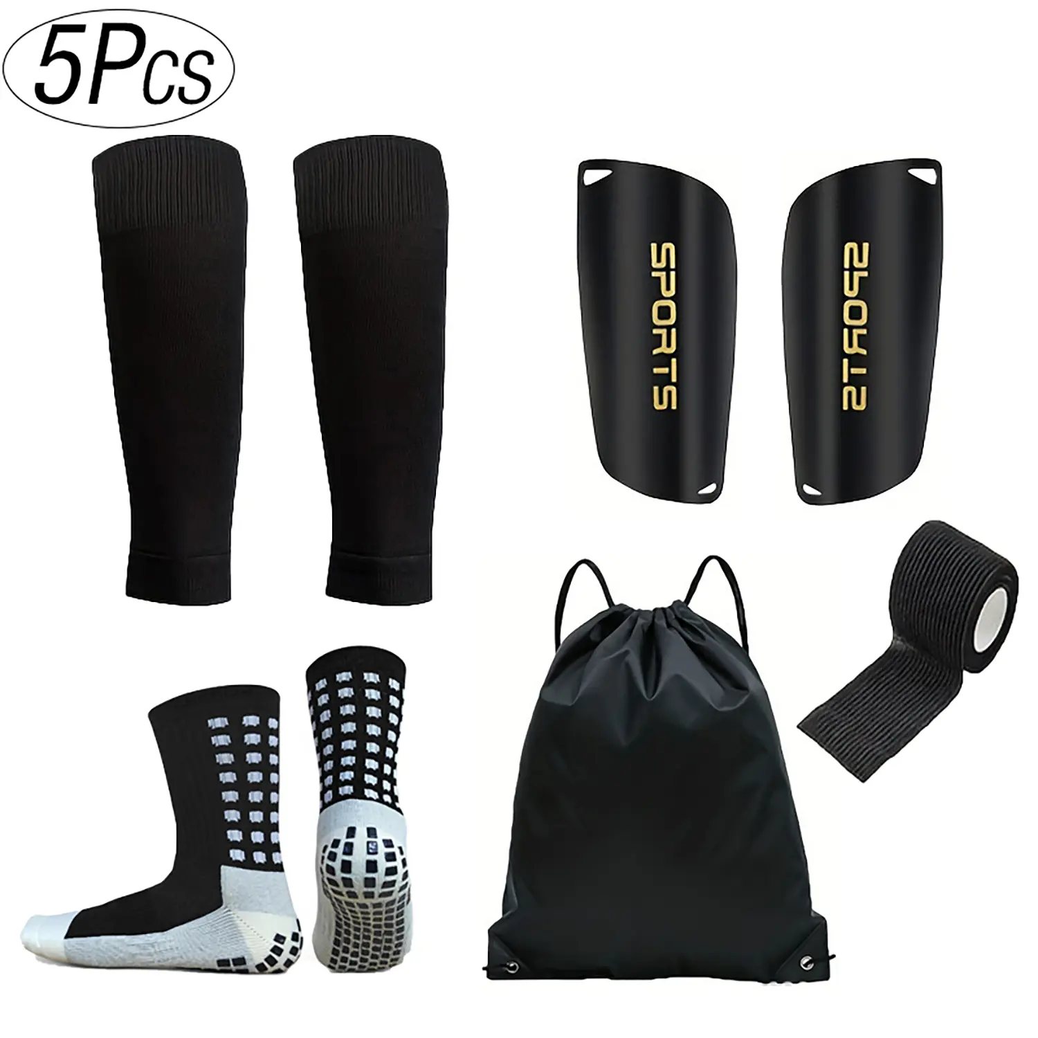 5-Piece Breathable Soccer Kit with Shin Guards, Grip Socks for Soccer & Bandages - Portable Football Accessory Set with Carry Bag for Training & Matches, Portable Football Equipment, Injury Prevention, Soccer Gear, Snug Fit