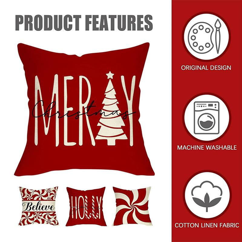【FaddishDeal】4Pcs-Christmas Decorative Pillow Set, Red Candy Cane Porch Pillow Cover, Single-Sided Linen Print, Winter Holiday Gift, Cushion Cover Home Decor.excellent gifts for Christmas and new year，Must-buy on Black Friday