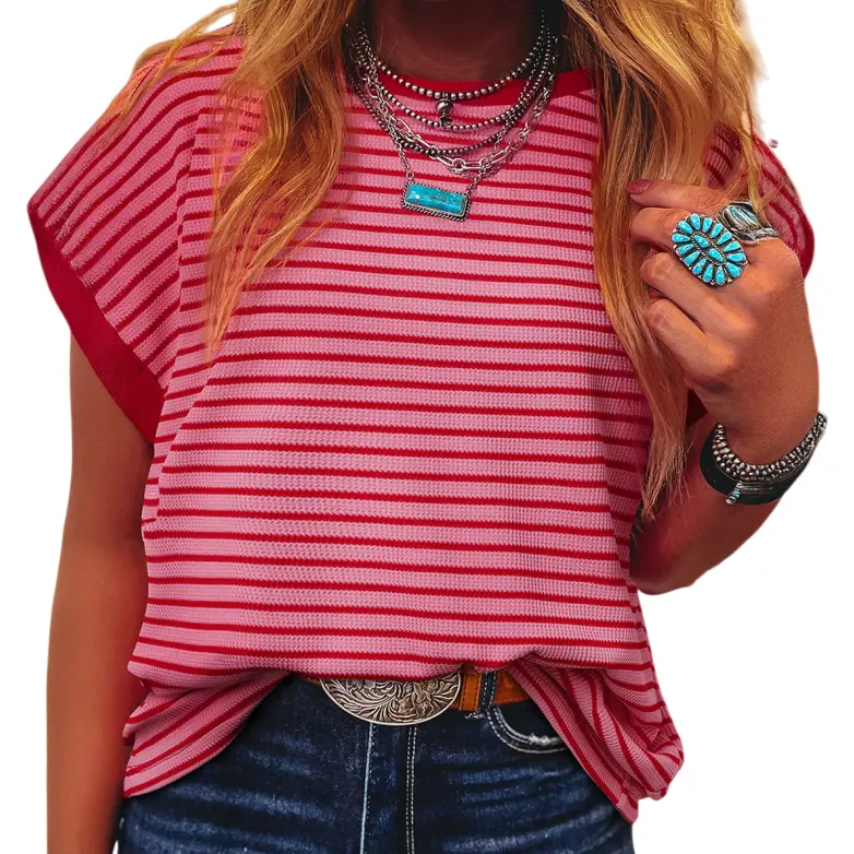 Asvivid T Shirts Women Striped Ribbed Knitted Top Drop Shoulder Round Neck T-Shirt Summer Tops Daily Everyday Wear Shirt Casual Fashion Crewneck Tshirt Womenswear sohochic