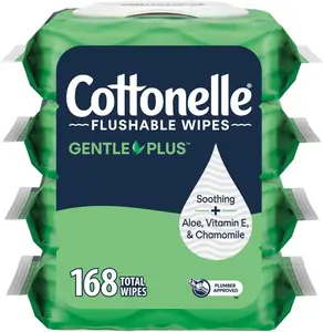 Flushable Wet Wipes with Aloe & Vitamin E , 168 Total Wipes , Flip-Top Packs