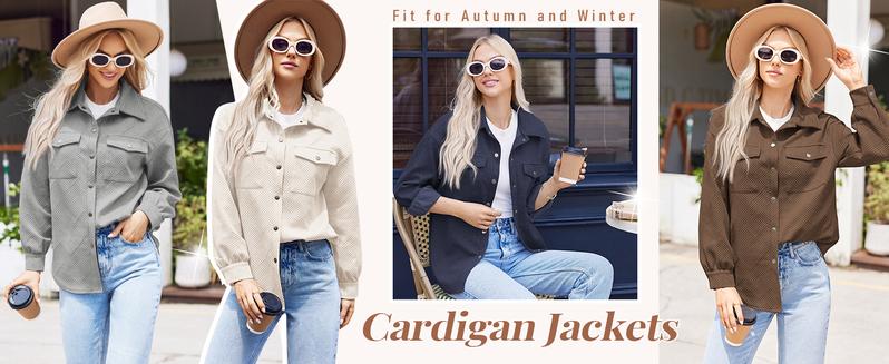 Women's Shacket Jacket with Pockets Casual Fall Coat Long Sleeve Flannel Shirts Button Down Collared Winter Clothes Fit Outfits Soft Warm Chic Oversized Tops