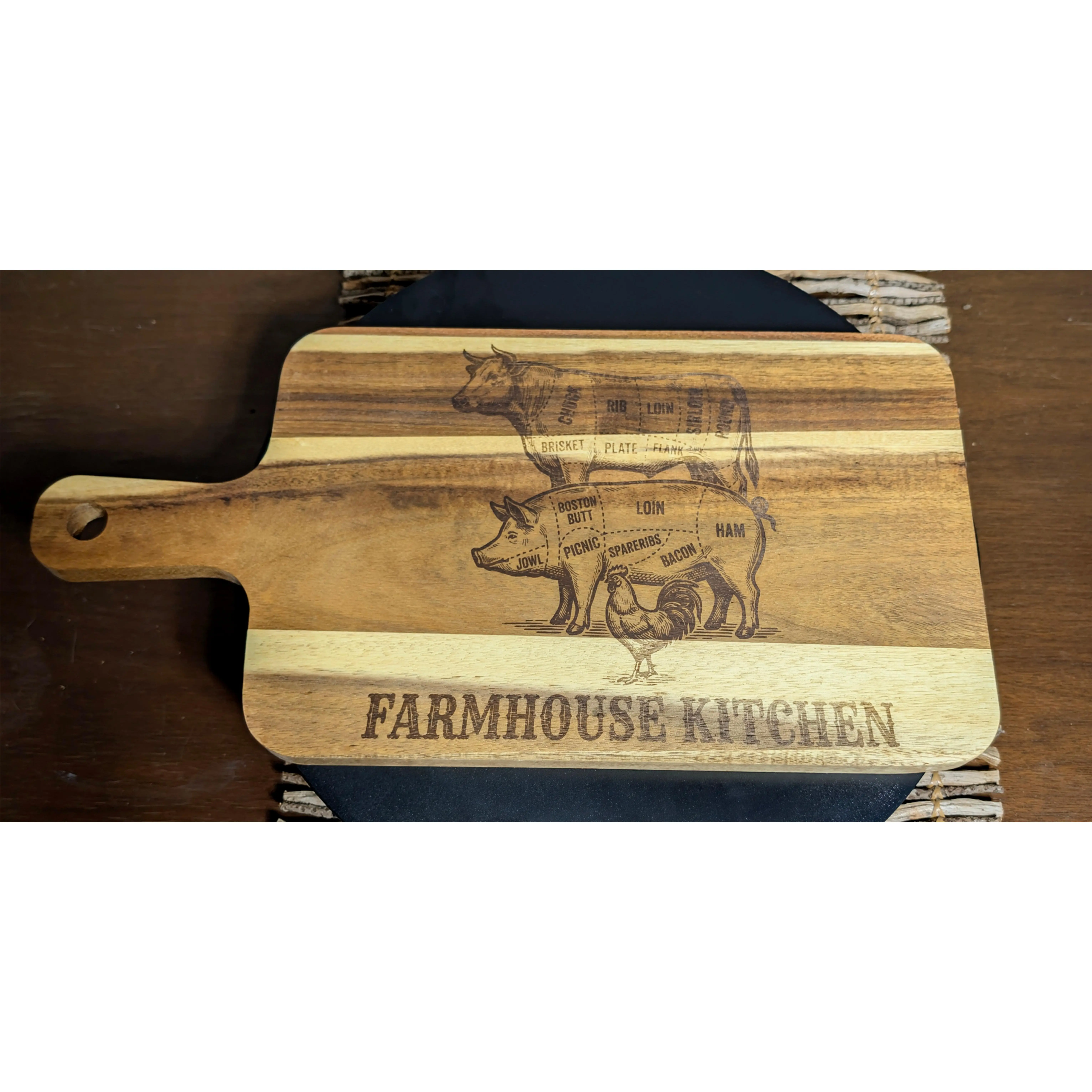 Farmhouse Kitchen Butcher Cuts Cutting Board | Laser Engraved Acacia Serving Board