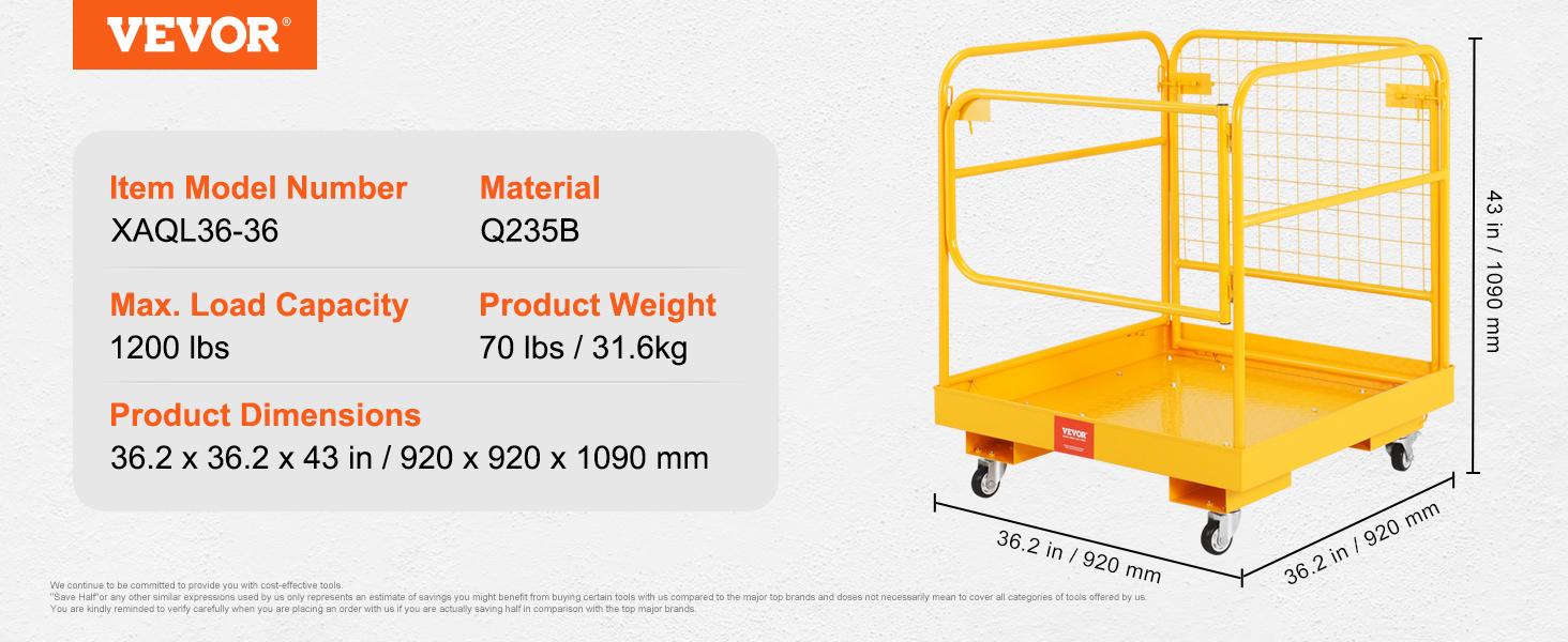 VEVOR Forklift Safety Cage, TikTokShopBlackFriday, 1200 lbs Load Capacity, 36 x 36 inches Folding Forklift Work Platform with Lockable Swivel Wheels, Drain Hole & Device Chain, Holds 1 to 2 Adults, Perfect for Aerial Work