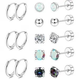 Trendy Unisex 8-Pair Zircon Earring Set 4mm | 2025 New Stainless Steel Matte Earrings, Comfortable Hypoallergenic, Ideal Halloween & Christmas Birthday Gift for All Piercings