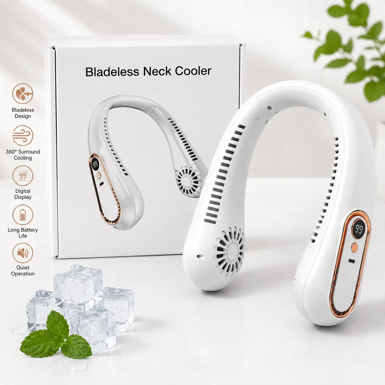 Bladeless Neck Cooler with 360 Surround Cooling Digital Display Long Battery Life Quiet Operation Bladeless Design