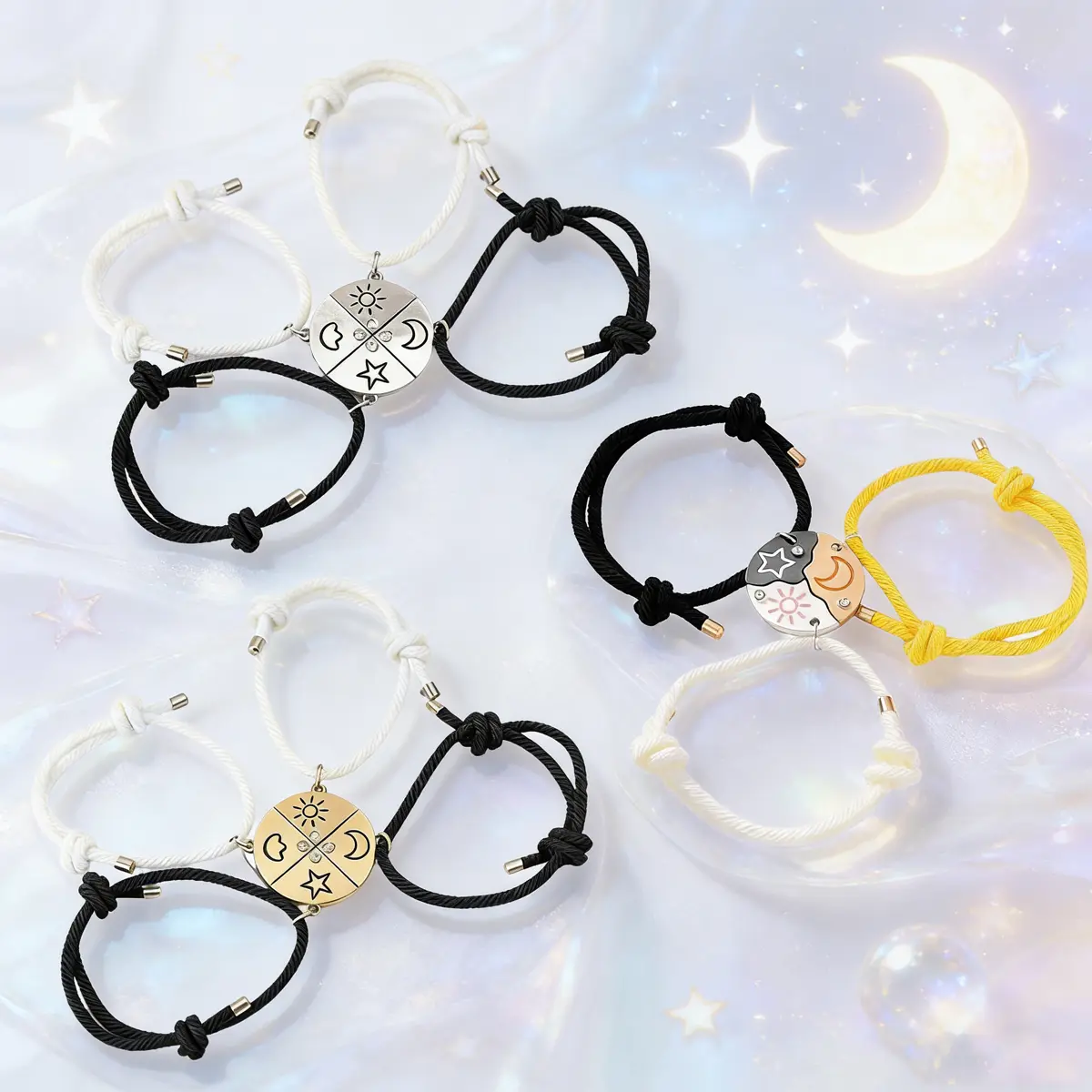 3/4Pcs Alloy Synthetic Magnetic Sun Moon Star Pendant Friendship Bracelet Set - 20cm Adjustable Drawstring and Knot Geometric Layered Bracelet, Durable Alloy and Nylon BFF Birthday Gift Ideas for Girls