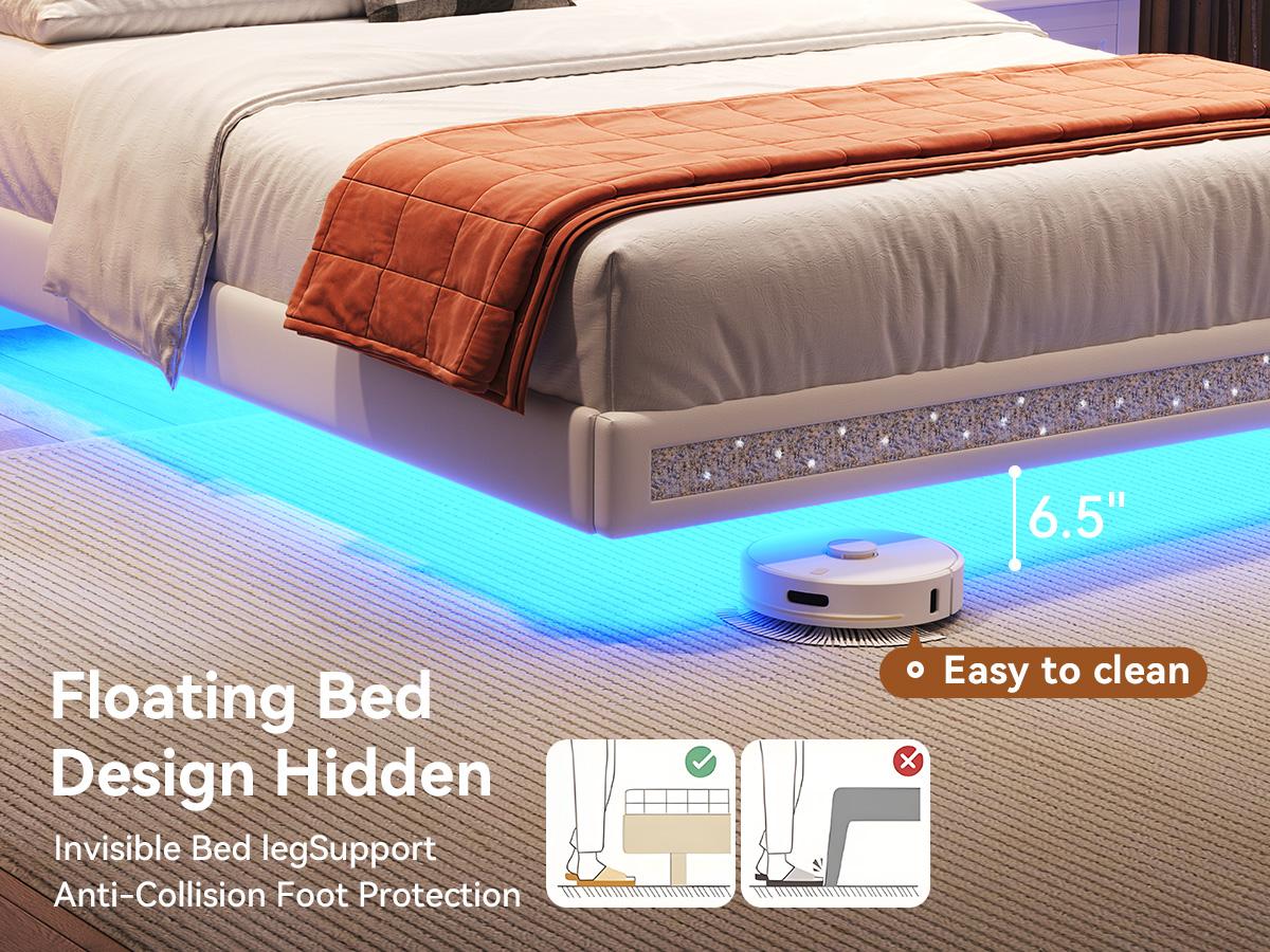 TryLazy Floating Bed Frame with LED Lights Upholstered Modern Platform Bed Diamond Tufted Headboard Noise Free Comfort