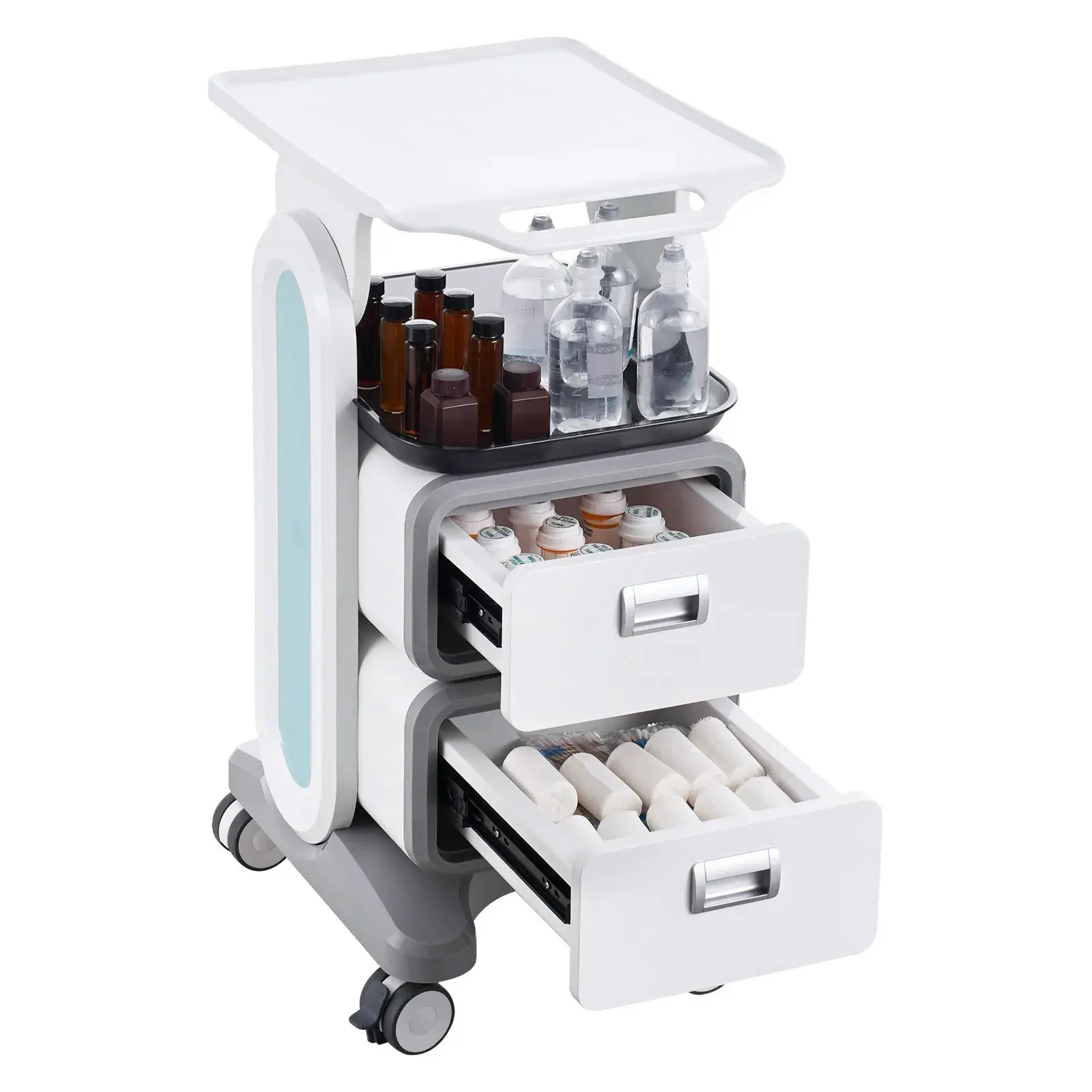 3-Tier Plastic Mobile Lab Cart Organiser with Racks, 2 Drawers, Top Tray, 4 Silent Locking Wheels, 50kg Capacity - ABS Medical Utility Trolley for Clinic, Salon