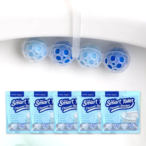 HERB ANGEL Plastic 4-in-1 Rim Hanger Stain Remover Toilet Cleaner - Ocean Scent 4-Ball Hanging Basket, Multi-Functional Bathroom Cleaning Supplies, 5 Packs Household Cleaners