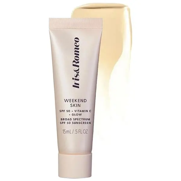 Iris&Romeo  Weekend Skin SPF 50 Instant Glow Tinted Mineral Sunscreen with Vitamin C + Niacinamide lip bal heavy clear
