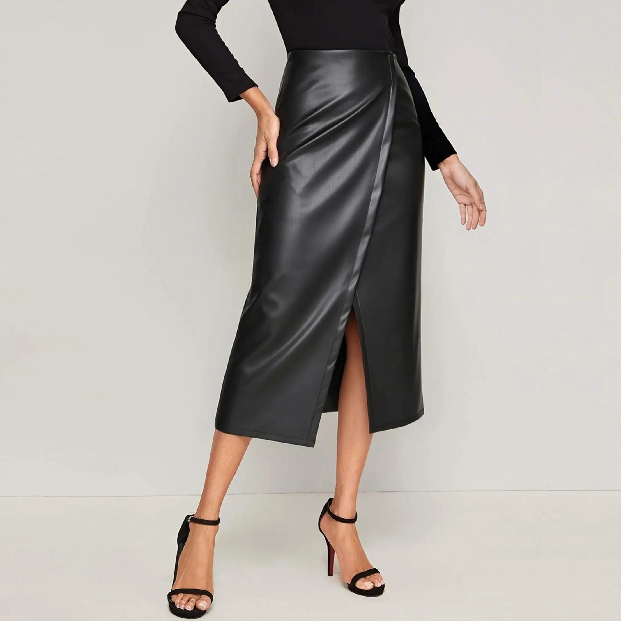Women's PU Leather Midi Skirt, High-Waist Bodycon Pencil Fit with Side Slit for Office & Casual Wear, Pu Leather Skirt, Suede, Bottom, Style, Midi Skirts