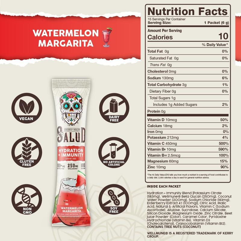 Salud 2-in-1 Hydration Packets + Immunity Electrolytes Powder Watermelon Margarita Agua Fresca Drink Mix Elderberry Dairy & Soy Free Non-GMO Gluten Free Vegan 1g Sugar 15 Servings