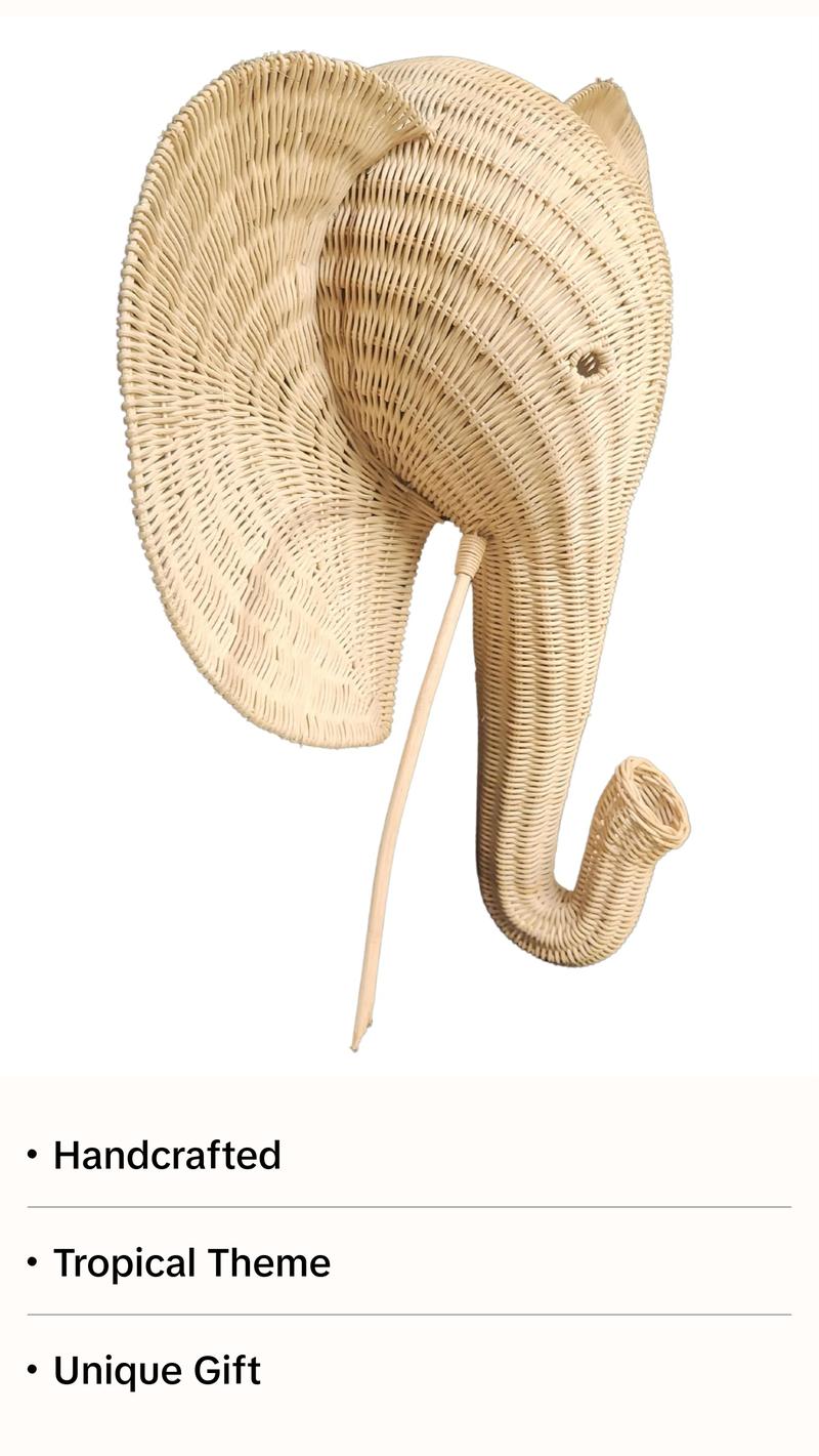WorldBazzar HUGE Handmade 32" RATTAN ELEPHANT Wicker Head Wall Décor Home Trophy Animal Taxidermy Kids Room Sculpture
