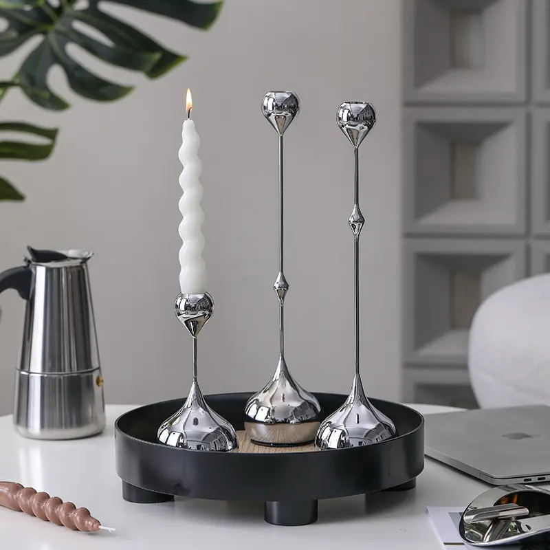 3Pcs Silver Teardrop Tapered Casting Metal Candle Stands - Sturdy Polished Iron Classic Multi-Function Candleholder Sets, Home Decor Supplies for Modern Wedding Table Centerpieces (Candles Not Included, Comes with Box)