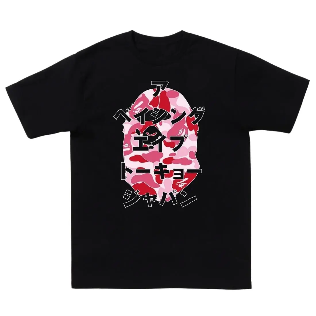TRENDING 2026 Pink Camo Tee Short Sleeve Crew Neck Casual Summer T-Shirt with Japanese Character Print and Ape Head Design